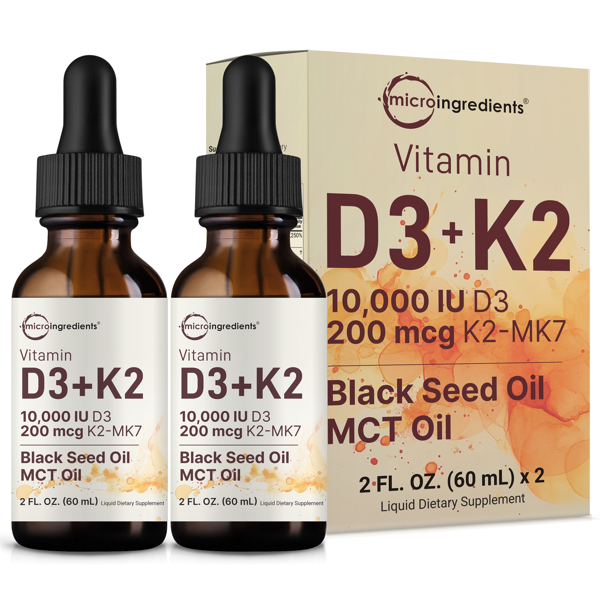 Micro Ingredients Vitamin D3 10000 iu Plus K2 (MK-7) 200 mcg Drops, 2 fl oz – 2 Pack