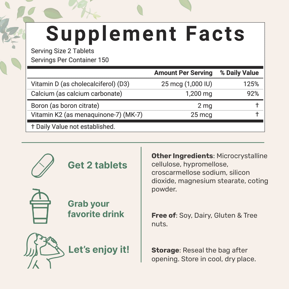 Micro Ingredients Calcium 1,200 mg with Vitamin D3 Plus K2 (MK-7) & Boron, 300 Tablets