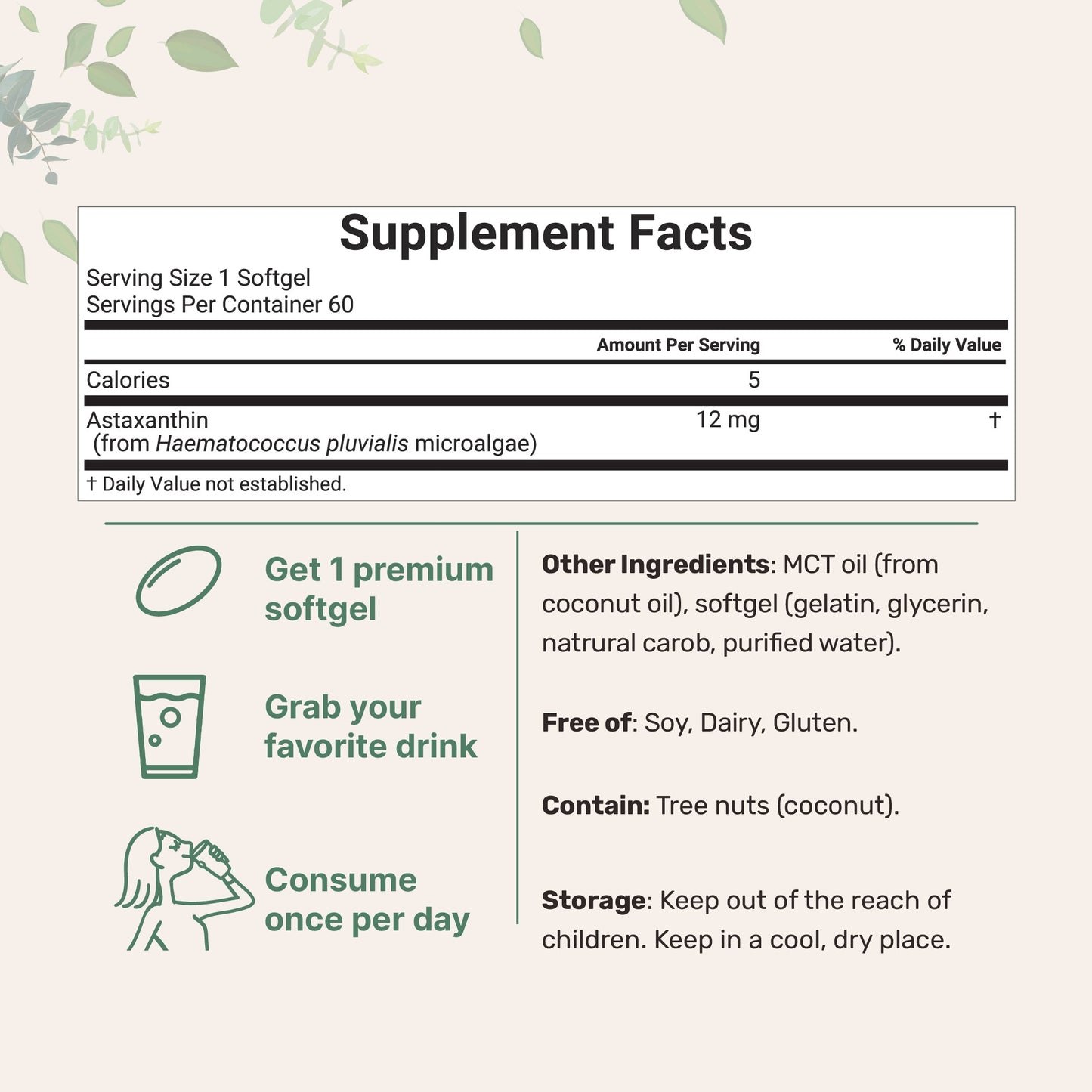 Micro Ingredients Astaxanthin 12mg with MCT Oil, 60 Softgels