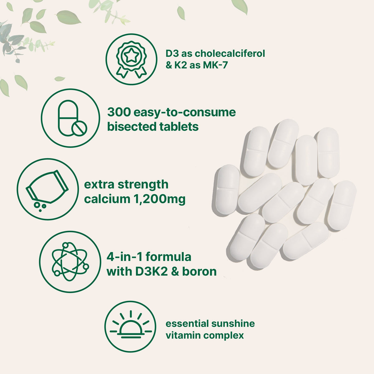 Micro Ingredients Calcium 1,200 mg with Vitamin D3 Plus K2 (MK-7) & Boron, 300 Tablets
