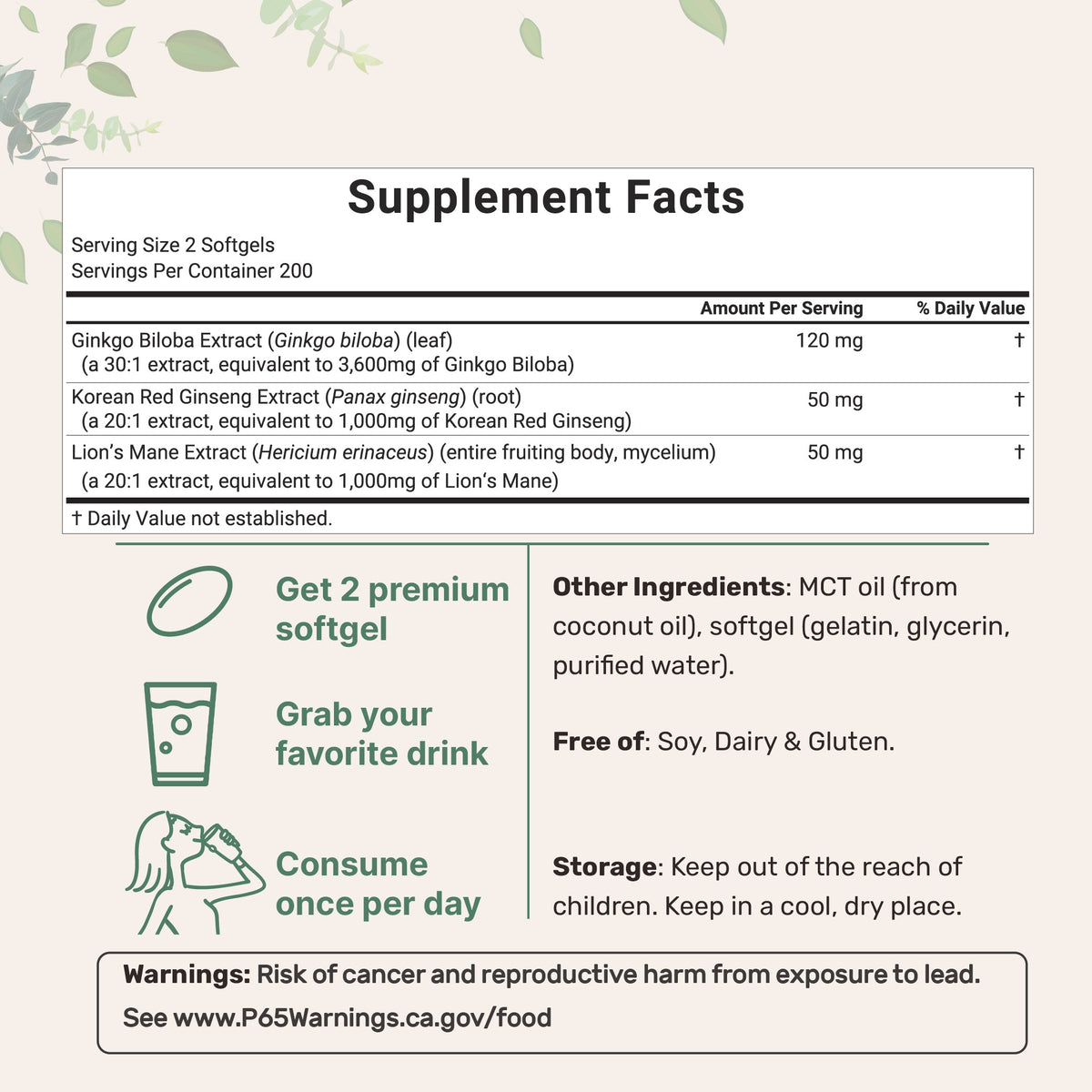 Micro Ingredients Ginkgo Biloba 5,600mg Equivalent, 400 Softgels, 3-in-1 with Ginseng & Lions Mane