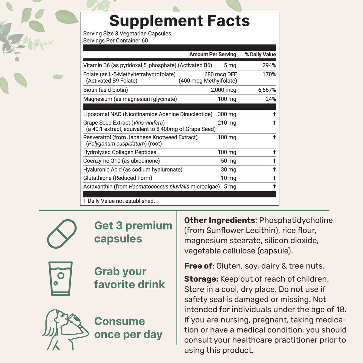Micro Ingredients Pure Liposomal NAD+ for Women 9,000mg Equivalent, 180 Veggie Capsules