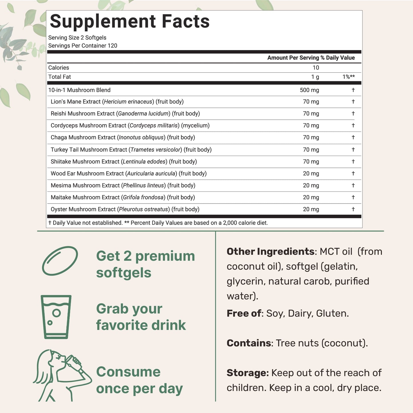 Micro Ingredients Mega Mushroom 10-in-1 with MCT Oil, 240 Softgels