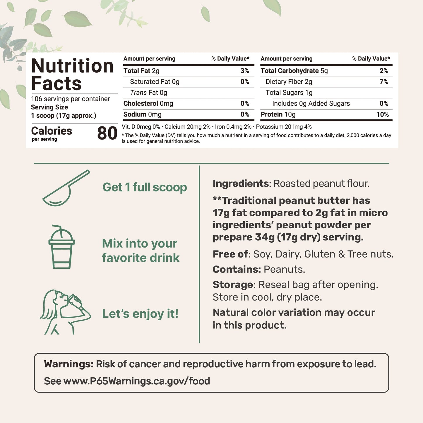 Micro Ingredients Pure Peanut Powder, 4lbs (106 Servings) | 10g Protein & 88% Less Fat