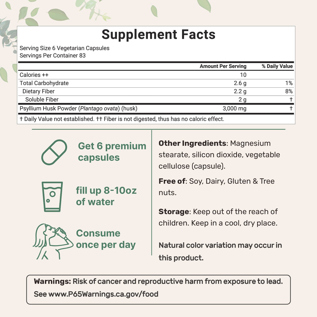 Micro Ingredients Psyllium Husk Veg Caps 3,000mg, 500 Capsules