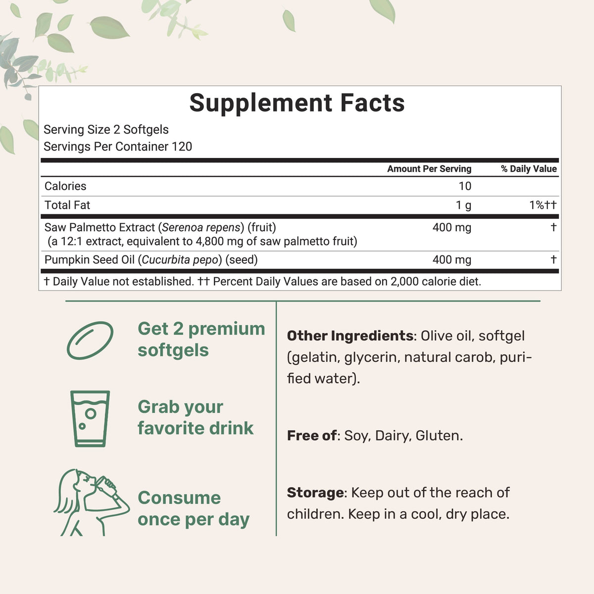 Micro Ingredients Saw Palmetto 4,800mg Equivalent with Pumpkin Seed Oil, 240 Softgels