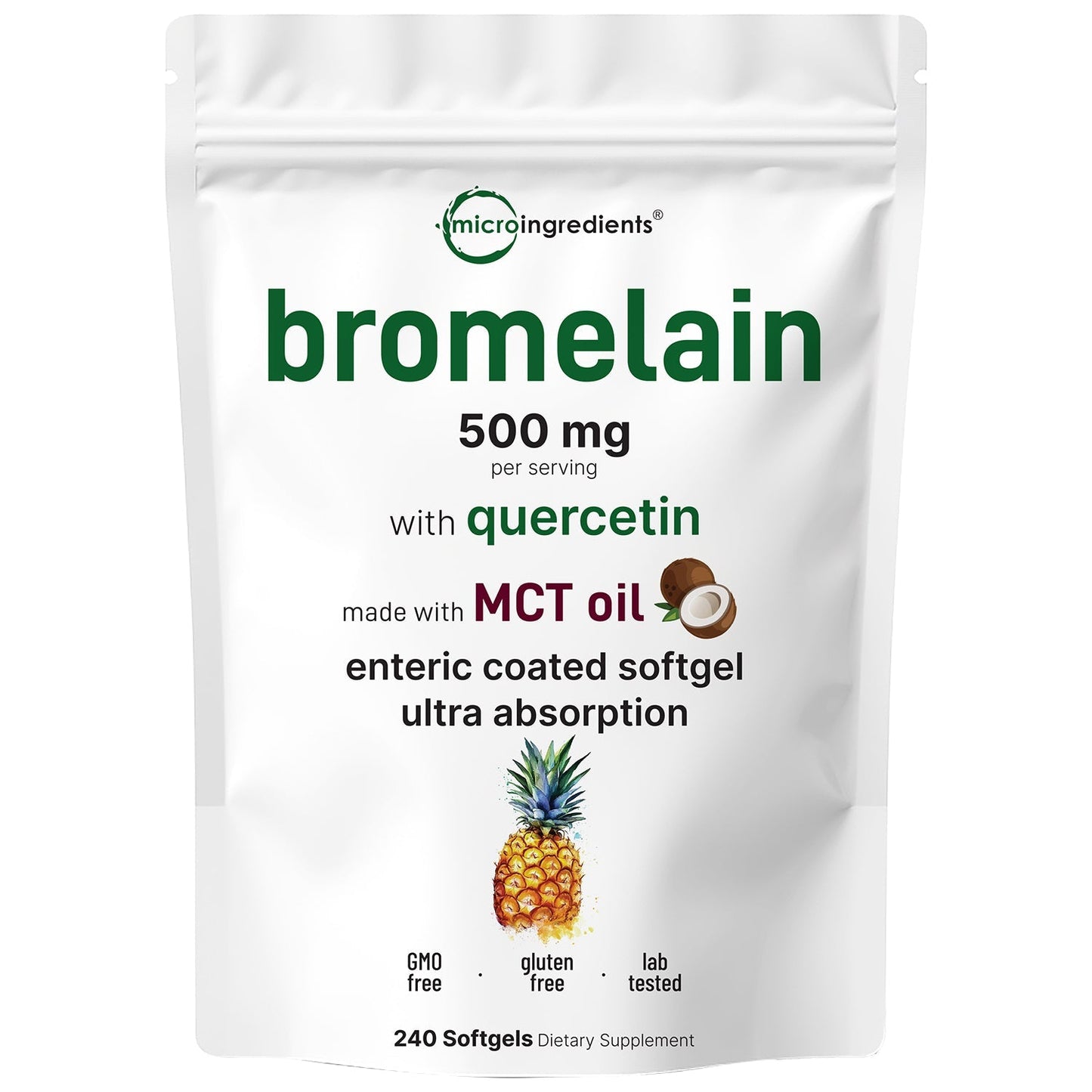 Micro Ingredients Bromelain 500mg with Quercetin & MCT Oil, 240 Enteric Coated Softgels